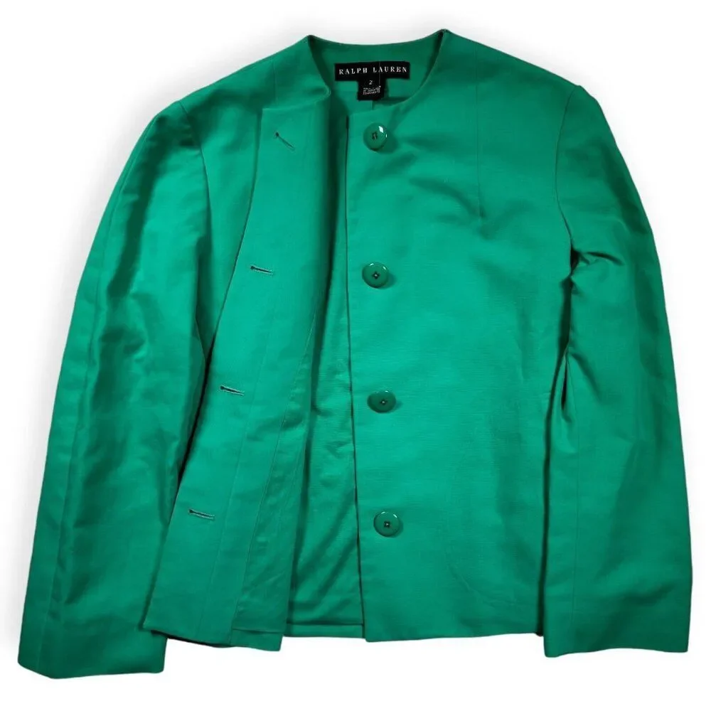 Ralph Lauren Black Label Green Blazer Cotton Hideaway‎ Buttons Women's Size 2